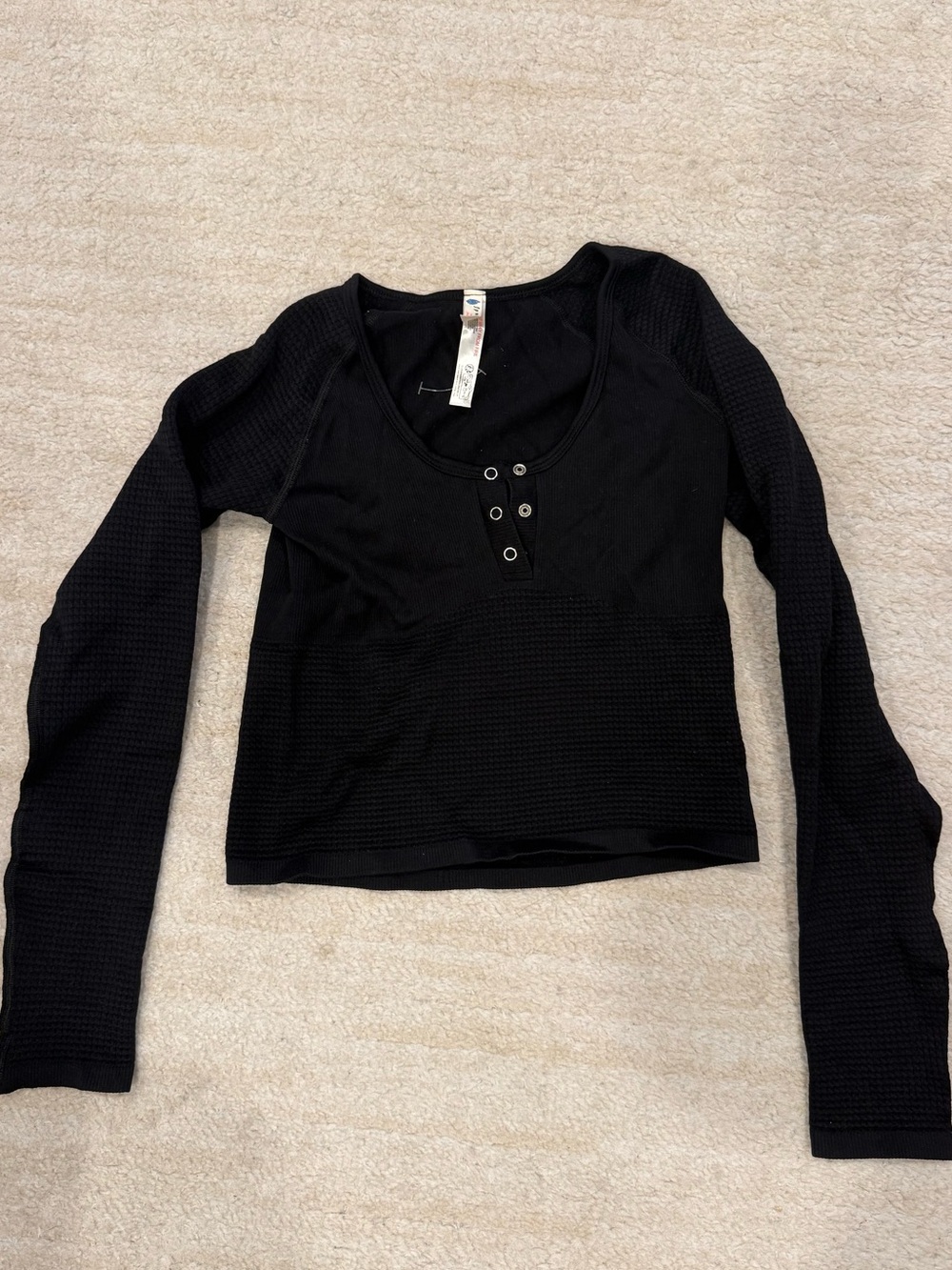 FP Movement by Free People Black Waffle-Knit Henley Long Sleeve Top